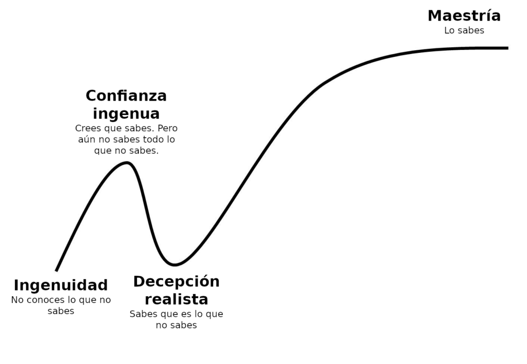 Grafica de curva de aprendizaje. Las etapas son : Ingenuidad, Confianza Ingenua, Decepción realista y termina en la Maestría.