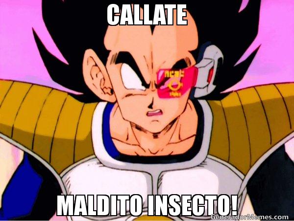 Meme de Vegeta diciendo: ¡Callatte, maldito insecto!