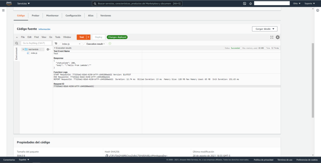 Captura de pantalla de AWS mostrando en el panel de "test-lambda", que se ejecutó correctamenete la función.