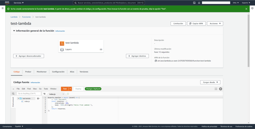 Captura de pantalla de AWS mostrando el panel de la función creada: "test-lambda".