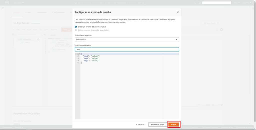 Captura de pantalla de AWS mostrando el panel de "Configurar un evento de prueba". Se esta remarcando el botón de: "Crear".