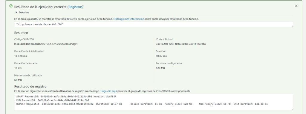 Captura de pantalla mostrando una ejecución exitosa de la función lambda a través de la interfaz de AWS.