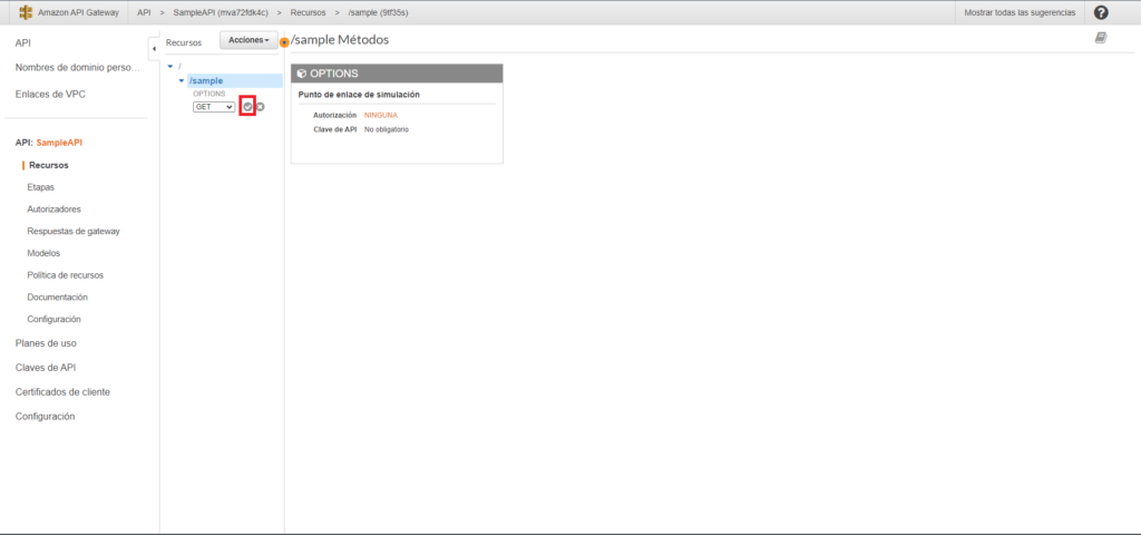 Captura de pantalla mostrando la selección del crreación del método GET dentro del recurso /sample.