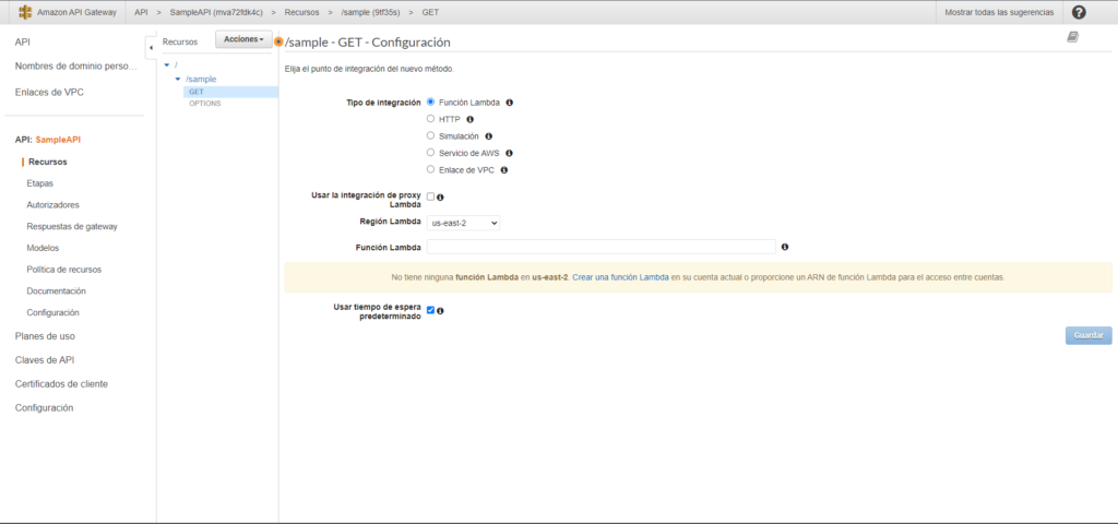 Captura de pantalla mostrando la opciones de configuración del método GET.