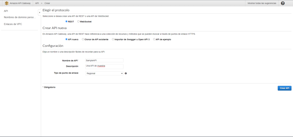 Captura de pantalla del formulario de creación de API con las opciones anteriores.