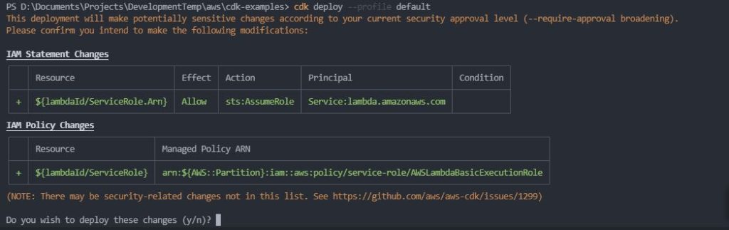 Captura de imagen mostrando en la terminal como se detectan los cambios relaciones a roles de la lambda y preguntando si deseas desplegarlos.
