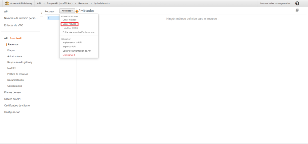 Captura de pantalla remarcando el botón "Crear recurso"  dentro del menú de Acciones en la sección de Recursos del dashboard del APi recién creado, SampleAPI.