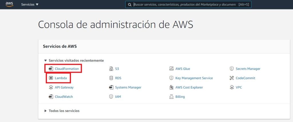 Captura de pantalla de AWS remarcando los servicios de CloudFormation y Lambda visibles desde el Dashboard principal.