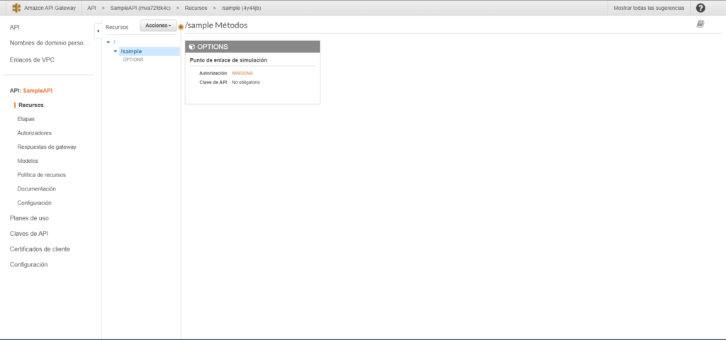 Captura de pantalla de la vista de métodos creados por default al crear el recurso /sample.
El único método mostrado es OPTIONS.