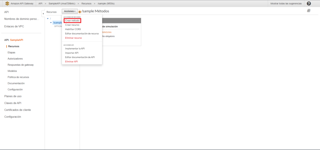 Captura de pantalla remarcando el botón de "Crear método" dentro del menú de Acciones mientras el recurso /sample esta seleccionado.