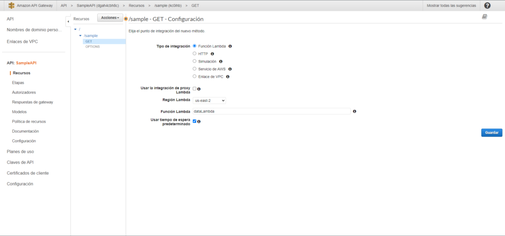 Captura de pantalla mostrando el formulario lde configuración del método GET dentro del recurso /sample. El formulario esta lleno con la información anterior.