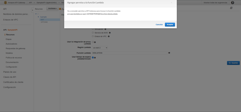 Captura de pantalla de confirmación para agregar permisos de ejecución a API Gateway de la función lambda seleccionada.