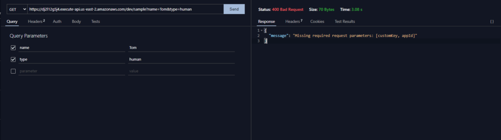 Captura de pantalla mostrando una llamada al API con los parámetros name y type incluidos pero regresando error 400 Bad Request.
El error contiene el mensaje "Missing required request parameters: [customKey, appId]".