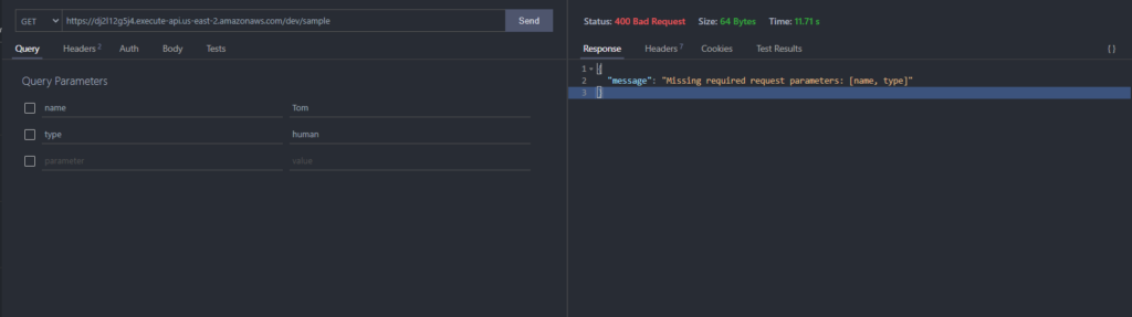 Captura de pantalla mostrando una llamada GET al URL del recurso /sample creado anteriormente. La petición se hace sin incluir ningun parámetro.. La respuesta es fallida, regresando un error con el código "400 Bad Request" y con el mensaje "Missing required request parameters: [name, type]".