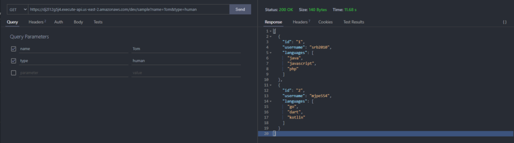 Captura de pantalla mostrando una llamada GET al URL del recurso /sample creado anteriormente. La petición se hace con los parámetros: name=Tom, type=human. La respuesta es éxitosa regresando un arreglo en el body de la respuesta y un código 200.