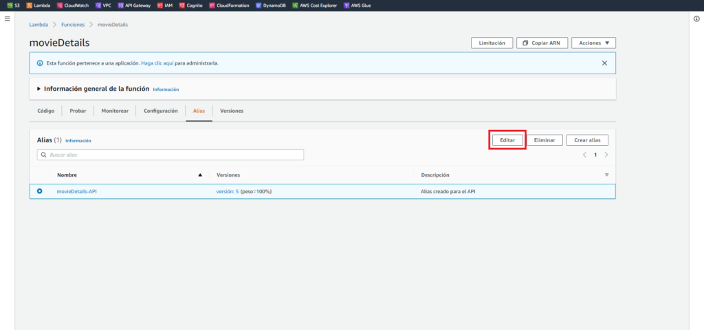 Captura de pantalla remarcando el botón de "Editar" en el panel de la pestaña de Alias de la función.