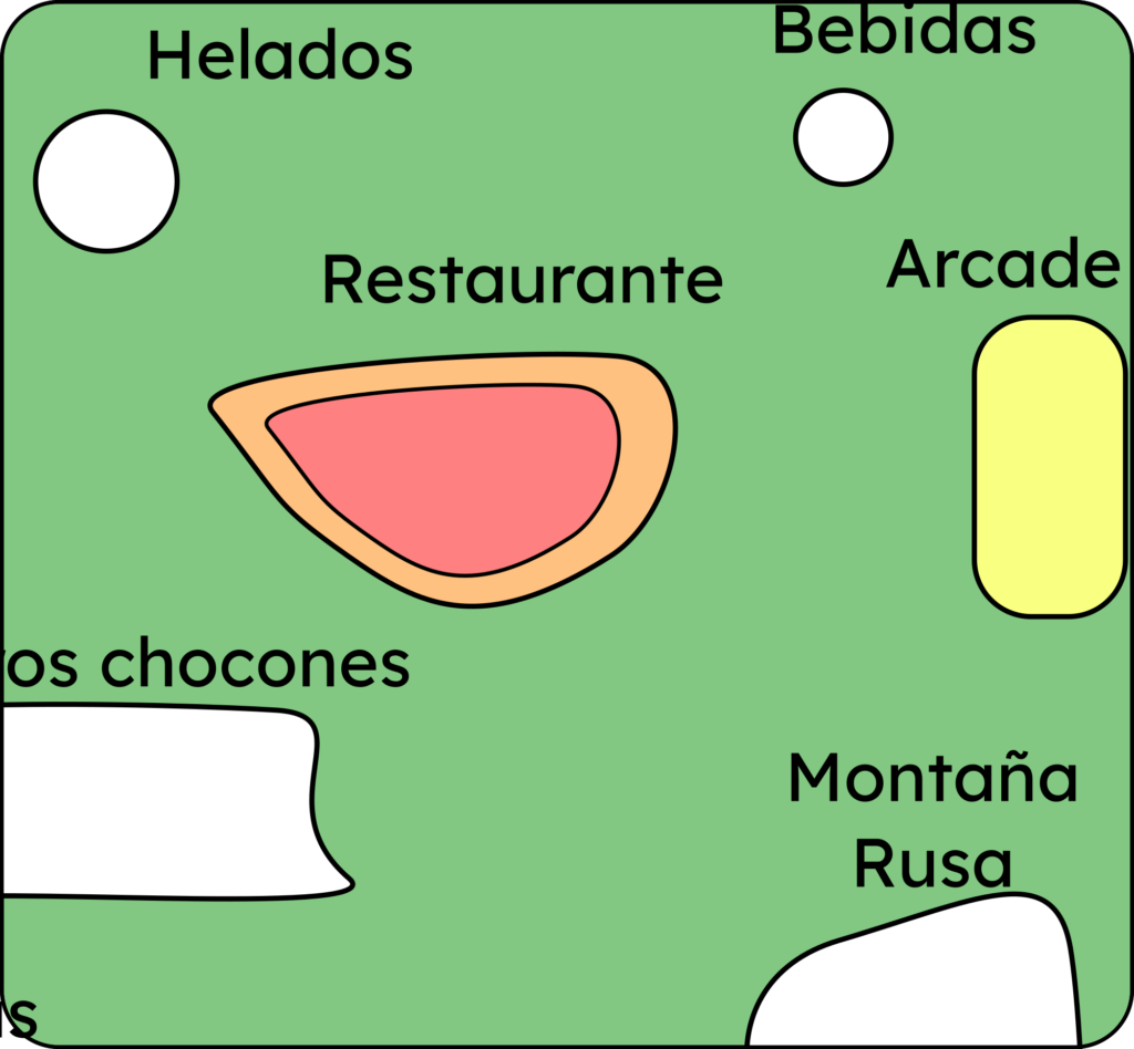 Zoom-in del mapa que solo enfoca la sección del Restaurante y el Arcade del mapa. El mapa es de color verde, el restaurante es naranja y el Arcade es amarillo. El restaurante tiene una sección interna de color rojo.