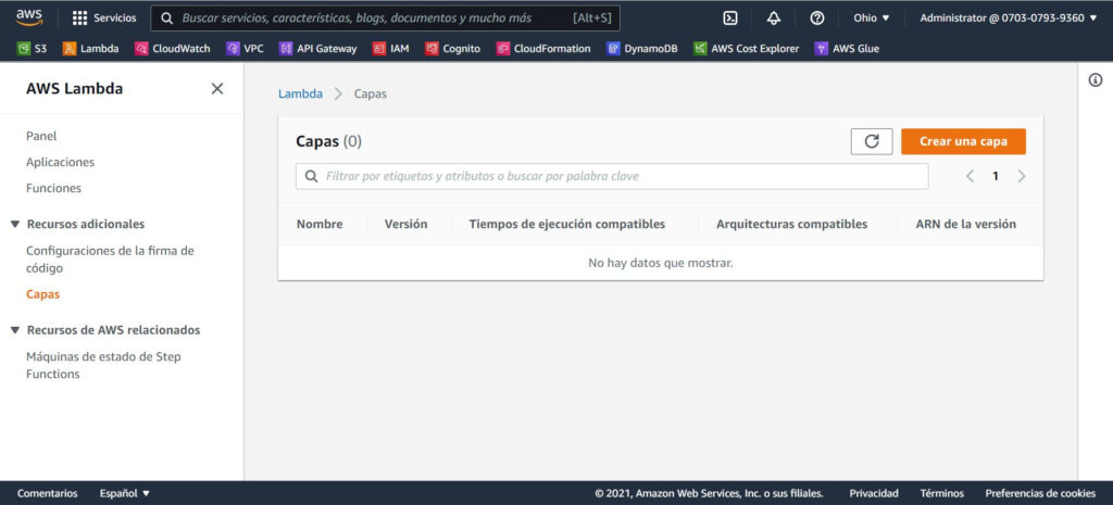 Captura de panta mostrando la sección de Capas/Layers dentro del dashboard de AWS Lambda.